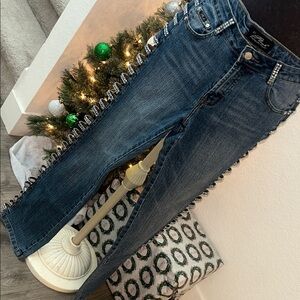 Crystal-Embellished Straight Long Leg Jeans in Blue